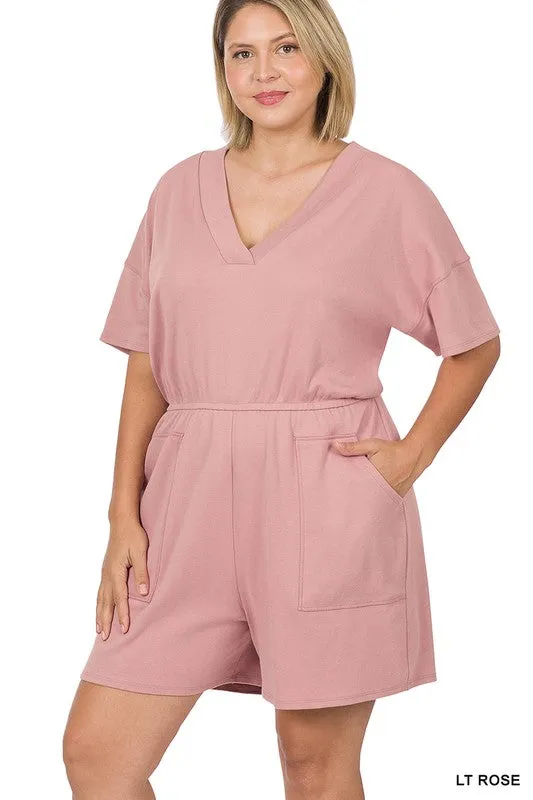 Hi Curvy Plus Size Women Drop Shoulder V-Neck Romper with Pockets