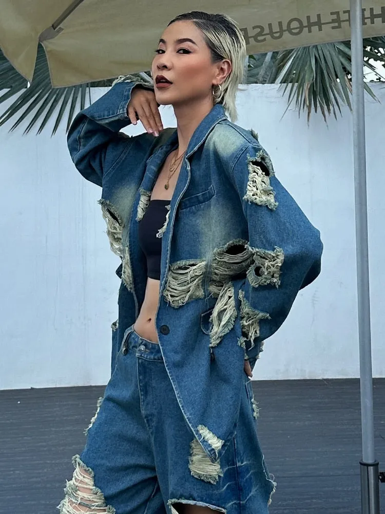 Hole Hollow Out Denim Jackets For Women Lapel Long Sleeve Loose Casual Streetwear Patchwork Button Coat Female