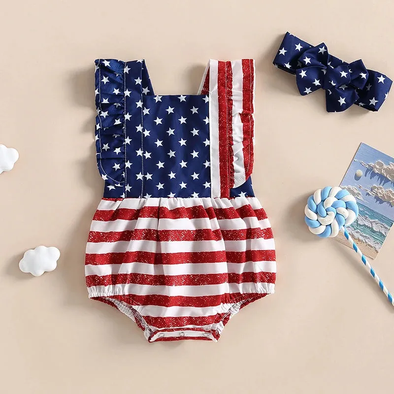 Infant Baby Girls Outfit Rompers 4th Of July Stars Striped Romper Jumpsuit With Hairband