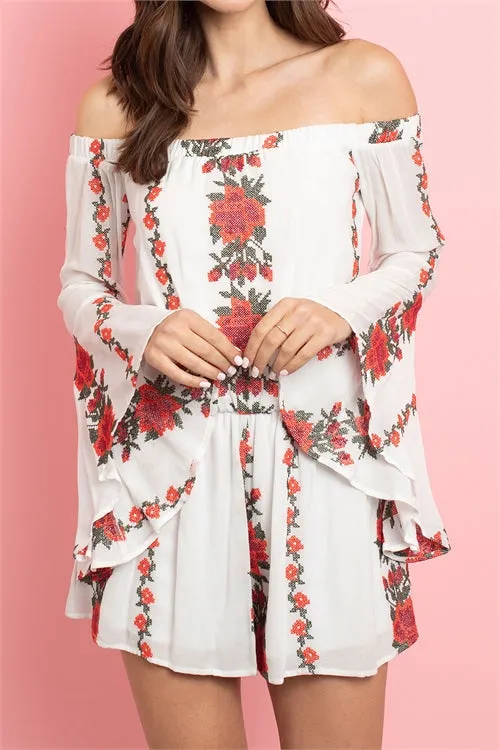 Ivory Floral Bell Sleeve Romper