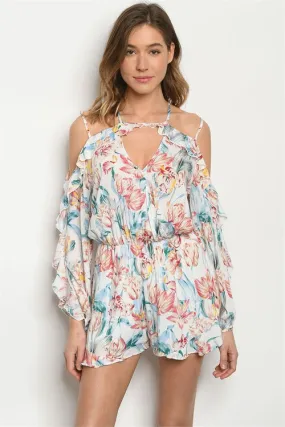 Ivory Floral Cold Shoulder Romper