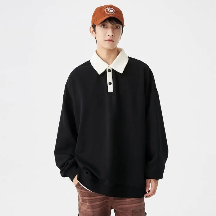 Japanese Striped Contrast Relax Fit  Polo All- Match Streetwear Sweatshirt For Unisex