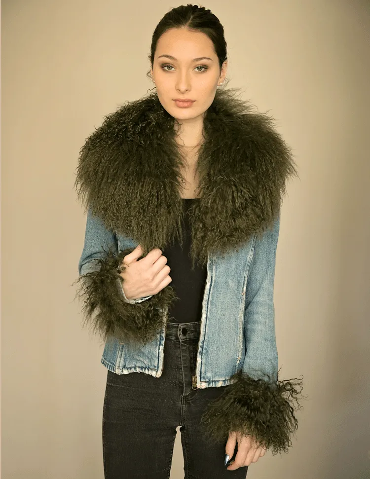 Juniper - Mongolian Fur Collar & Slap On Cuffs in Olive