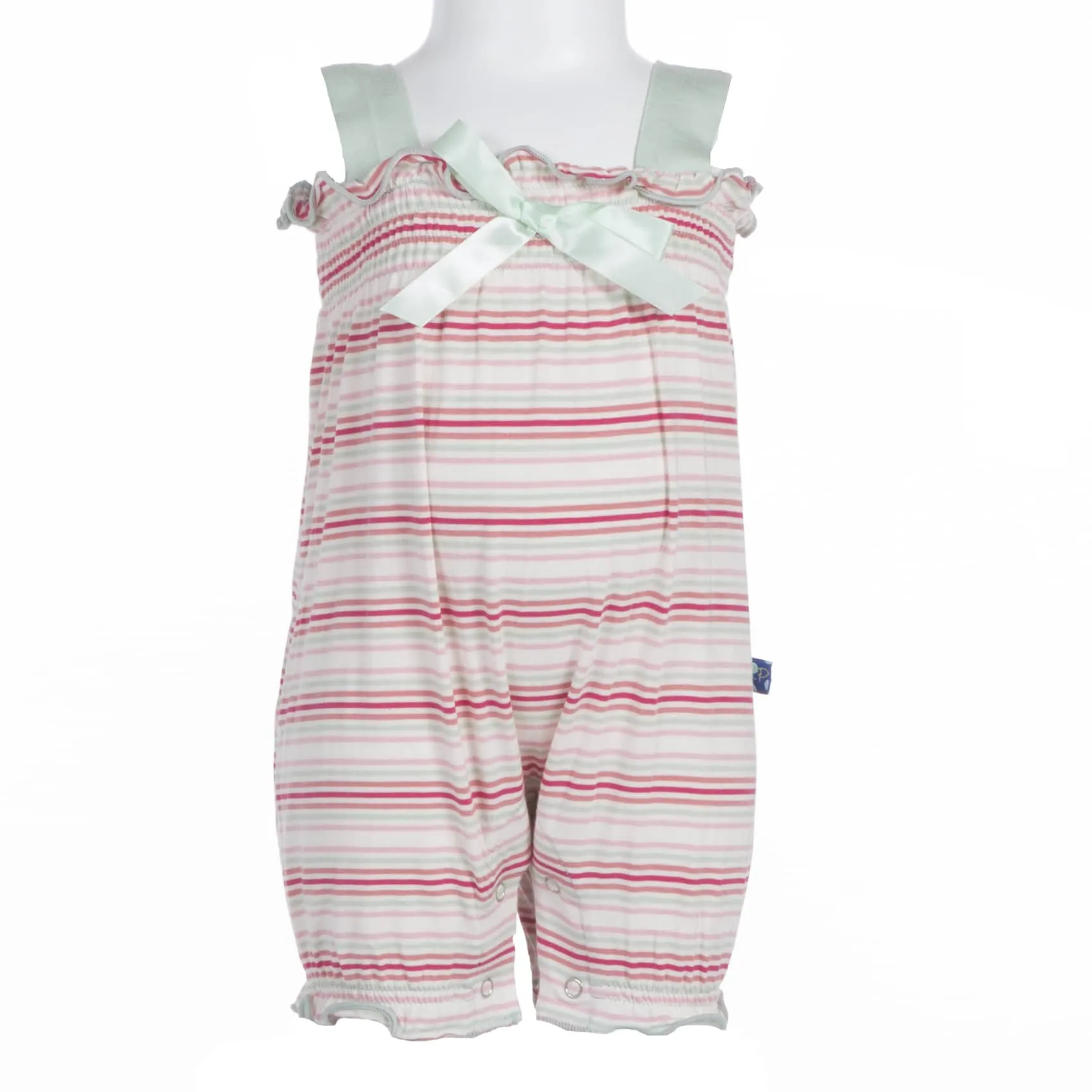 KicKee Pants Print Gathered Romper with Bow in Girl Desert Stripe