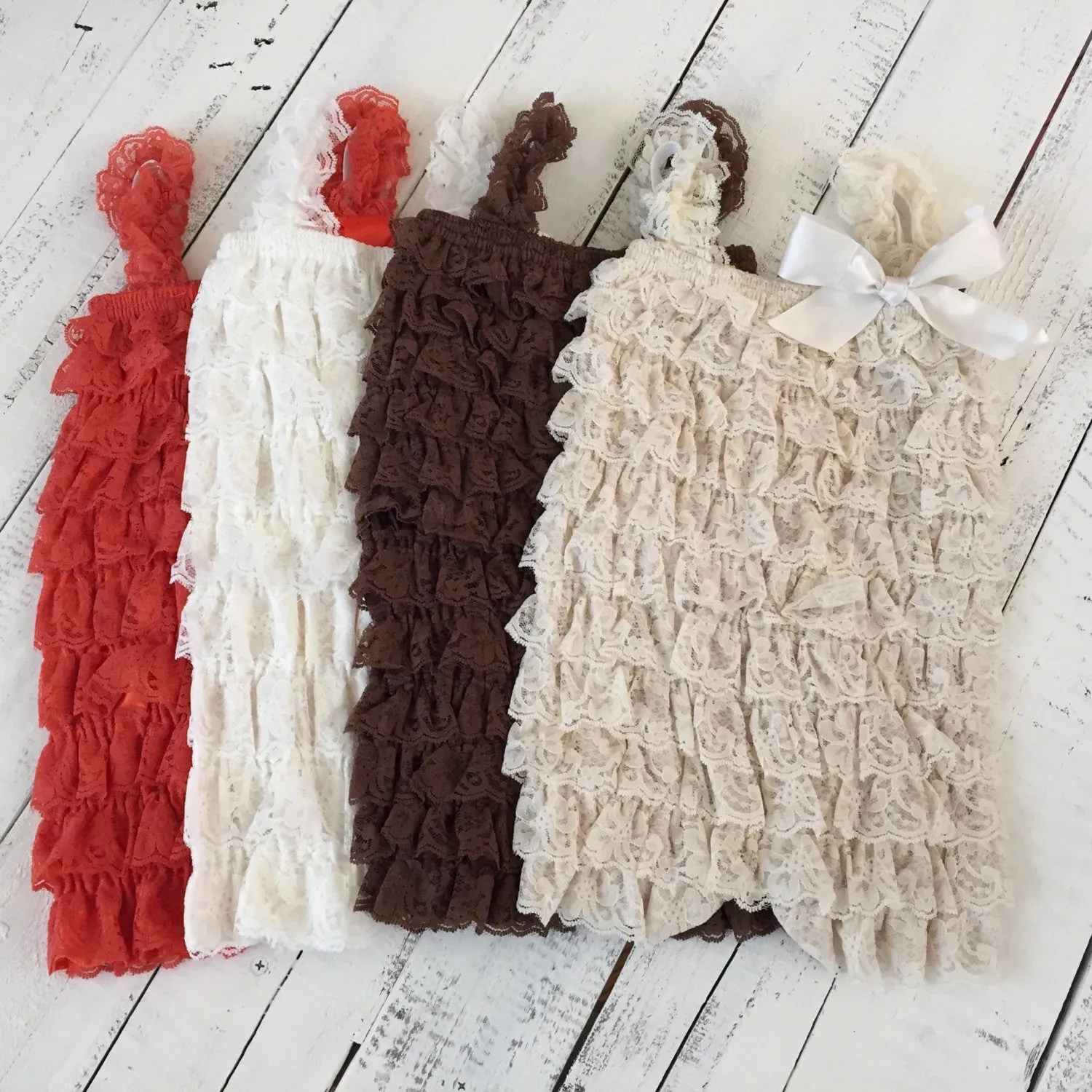 Lace Petti Romper - Embellished Orange Ivory Brown Champagne romper and matching headband