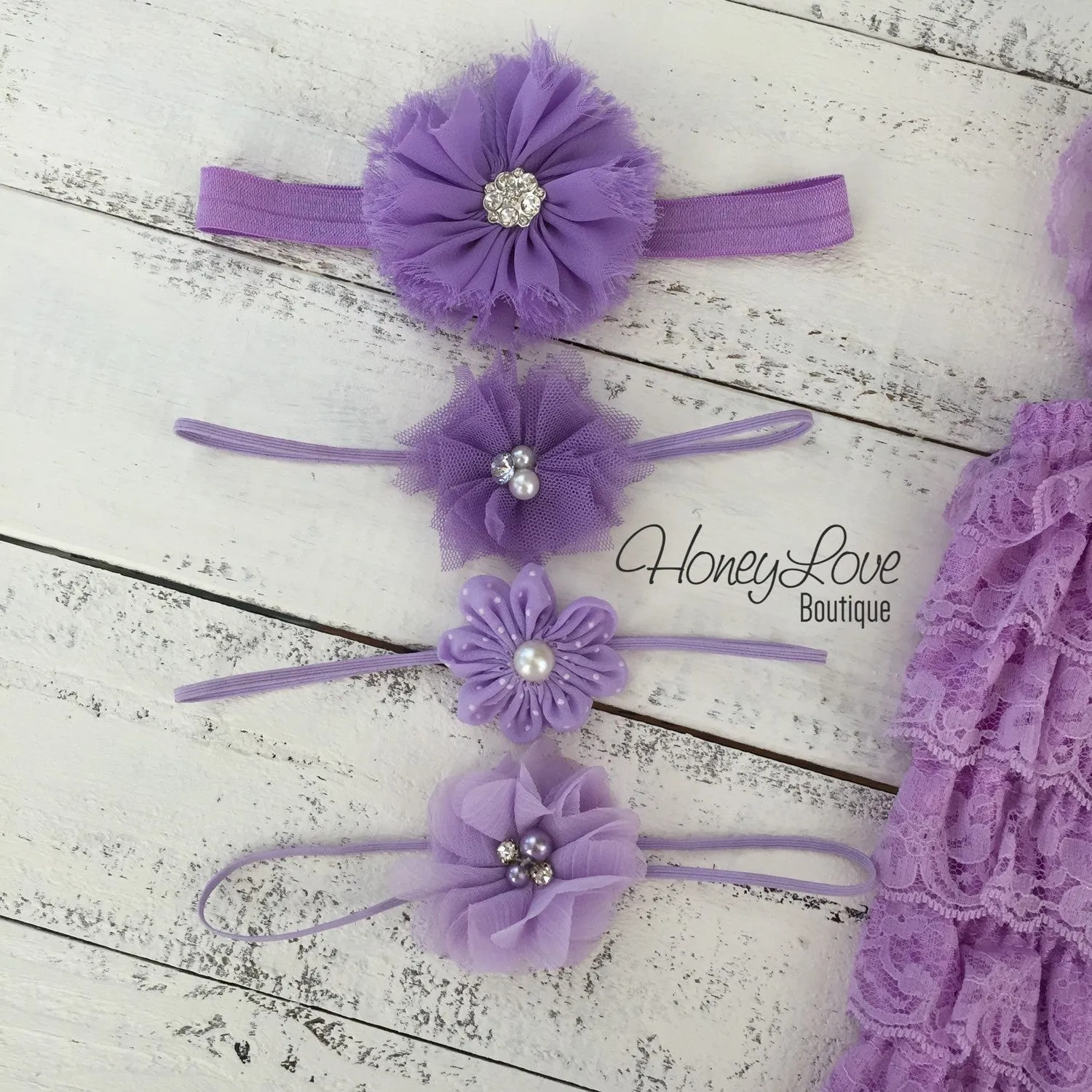 Lace Petti Romper Lavender Purple and matching headband