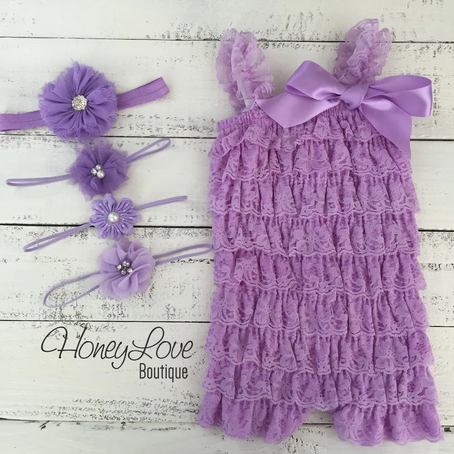 Lace Petti Romper Lavender Purple and matching headband