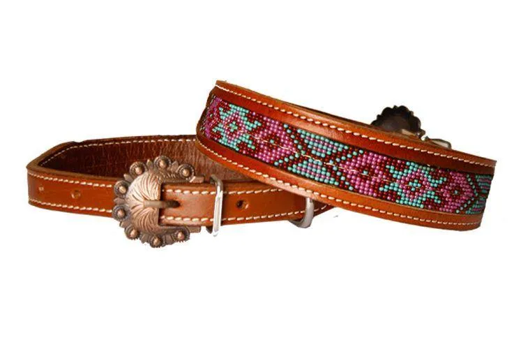 Leather Dog Collar Beaded Inlay Red,Pink & Mint