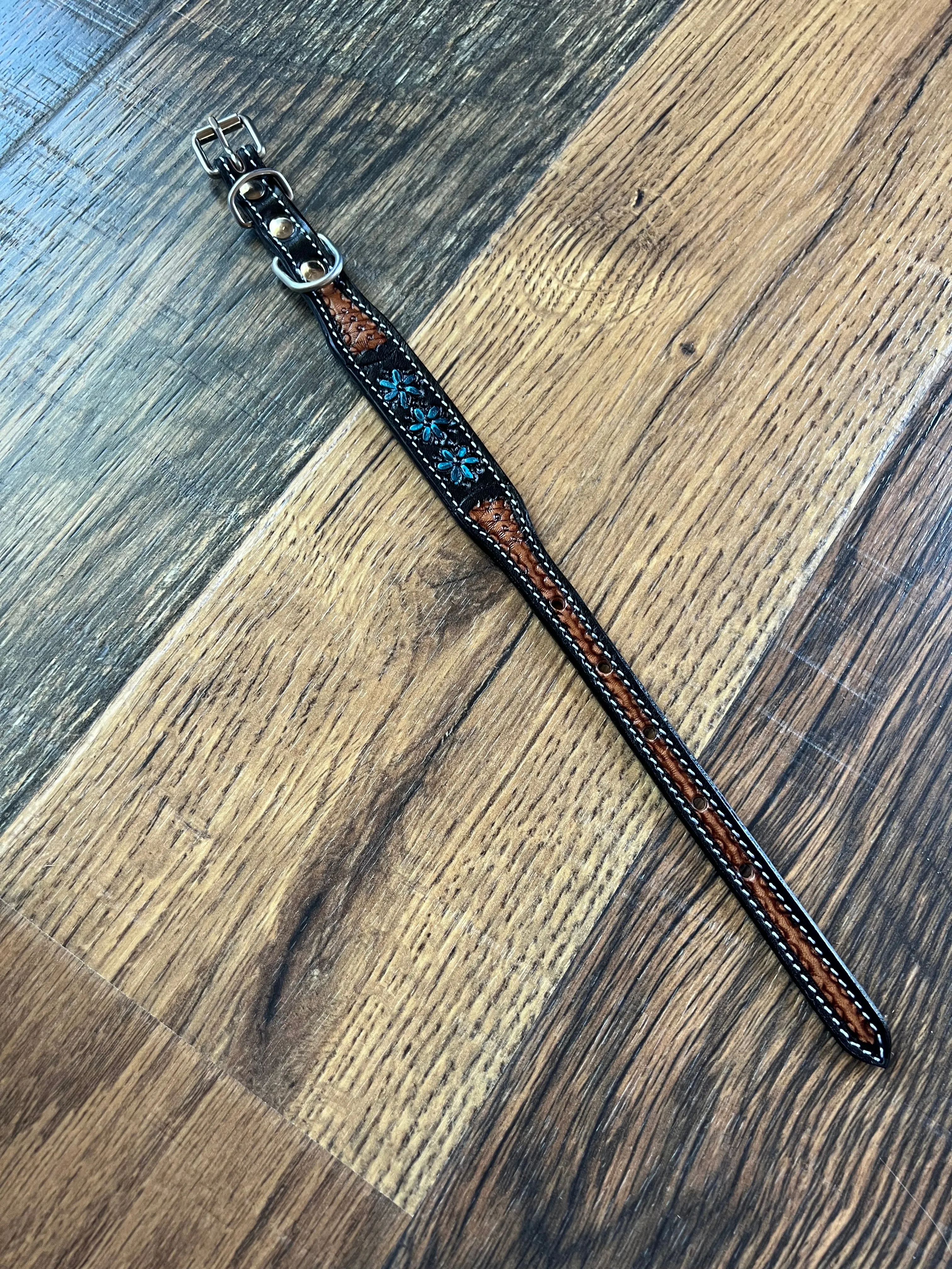 Leather Tooled Dog Collar with Squashblossoms