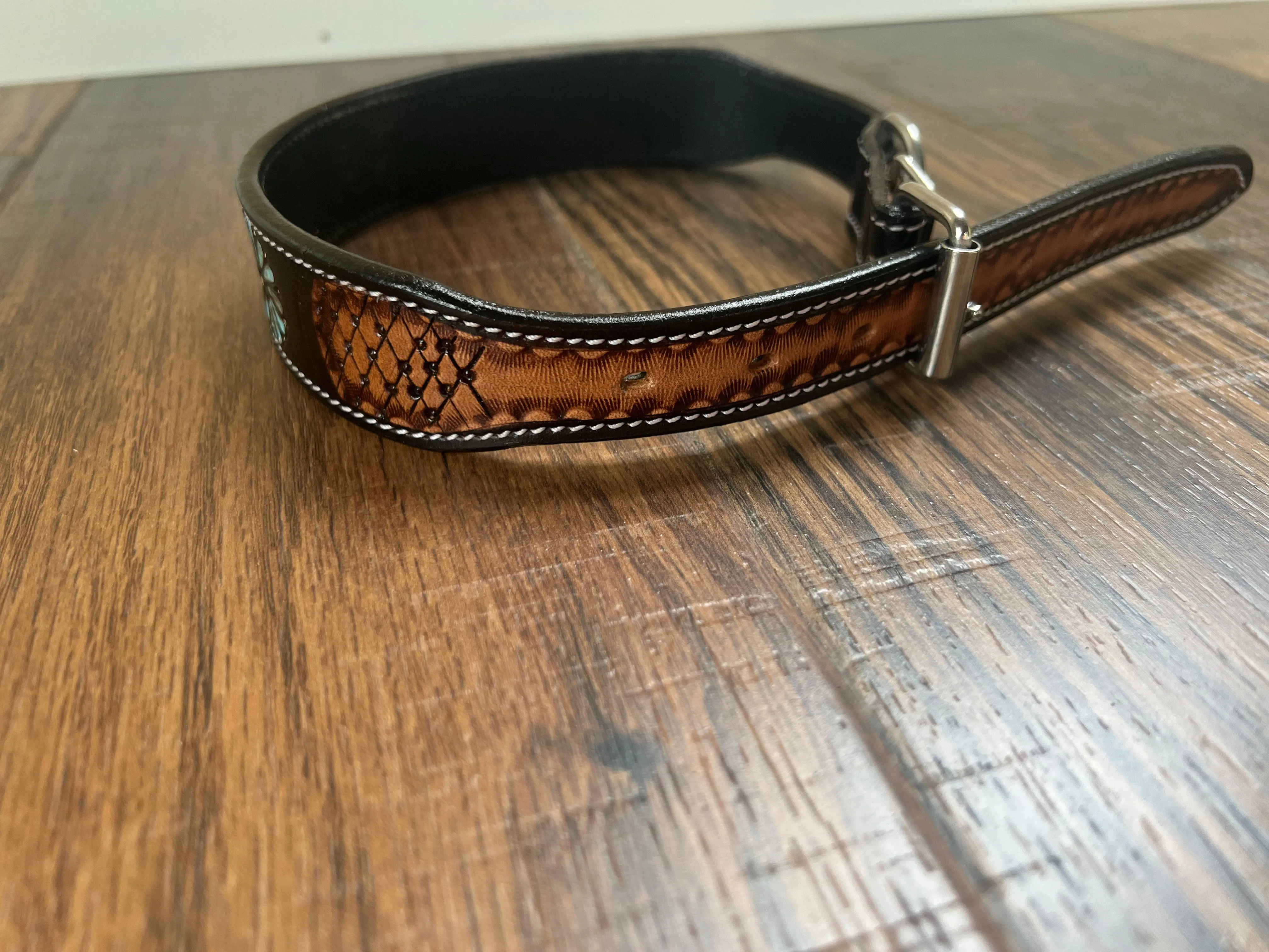 Leather Tooled Dog Collar with Squashblossoms