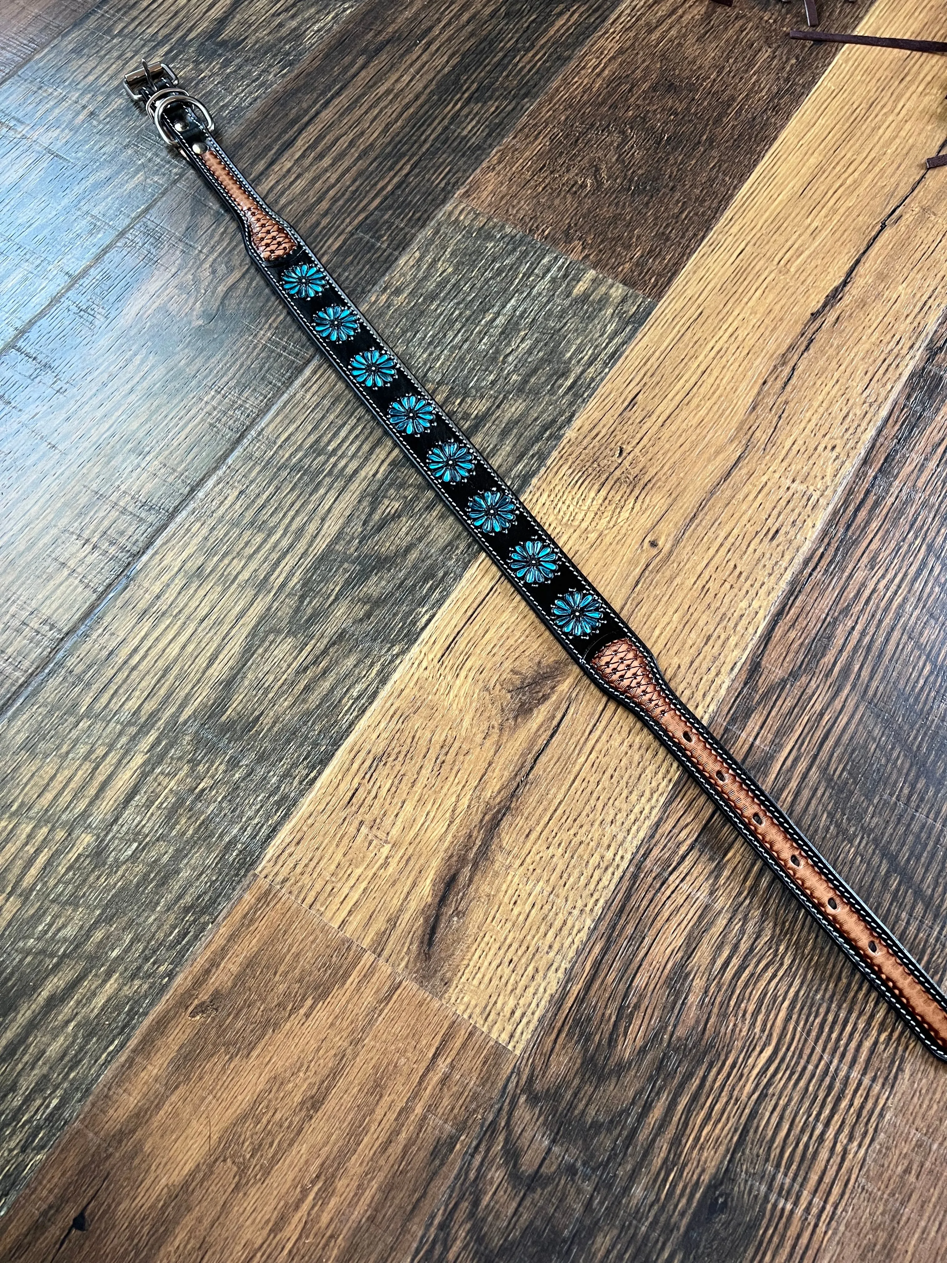 Leather Tooled Dog Collar with Squashblossoms