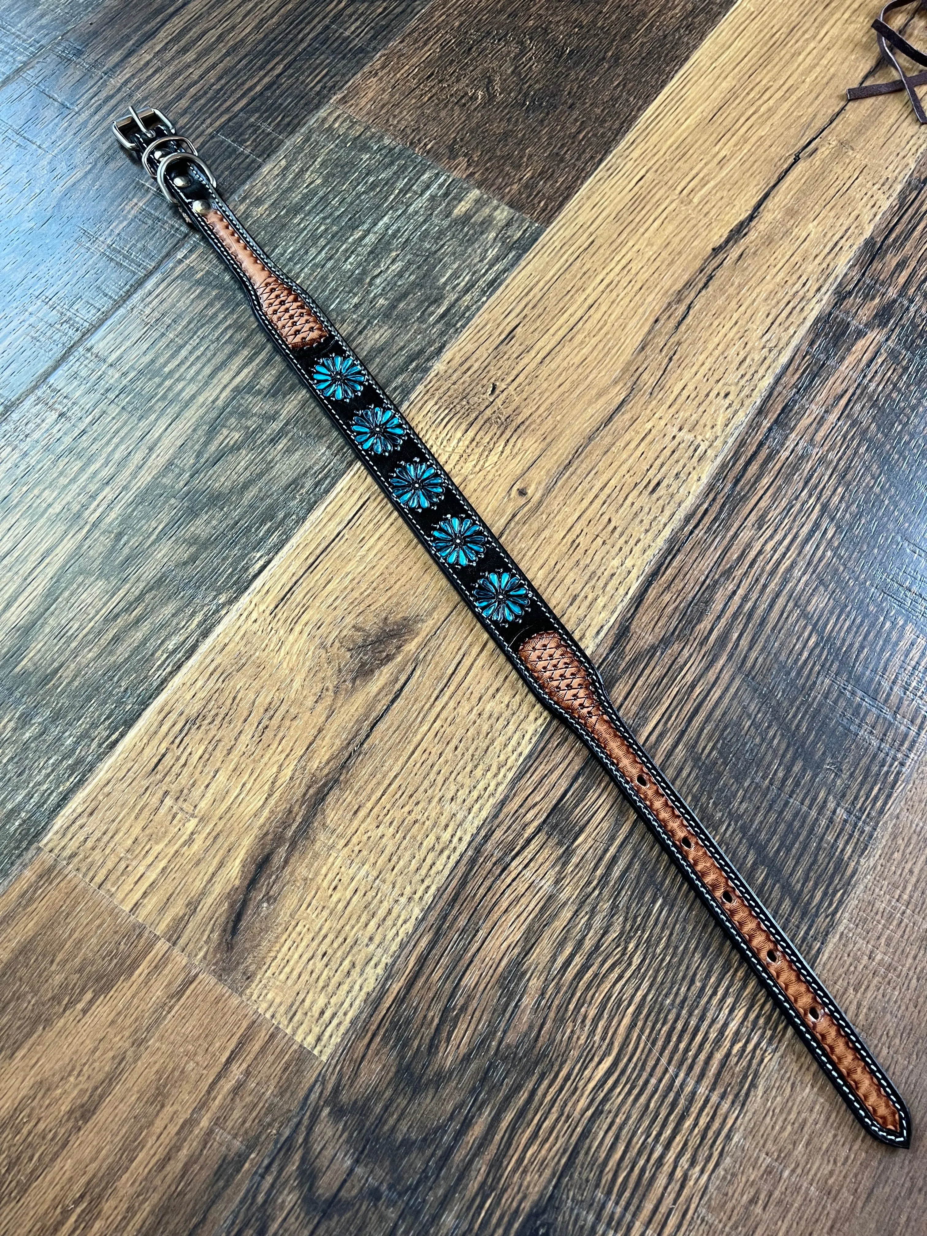 Leather Tooled Dog Collar with Squashblossoms