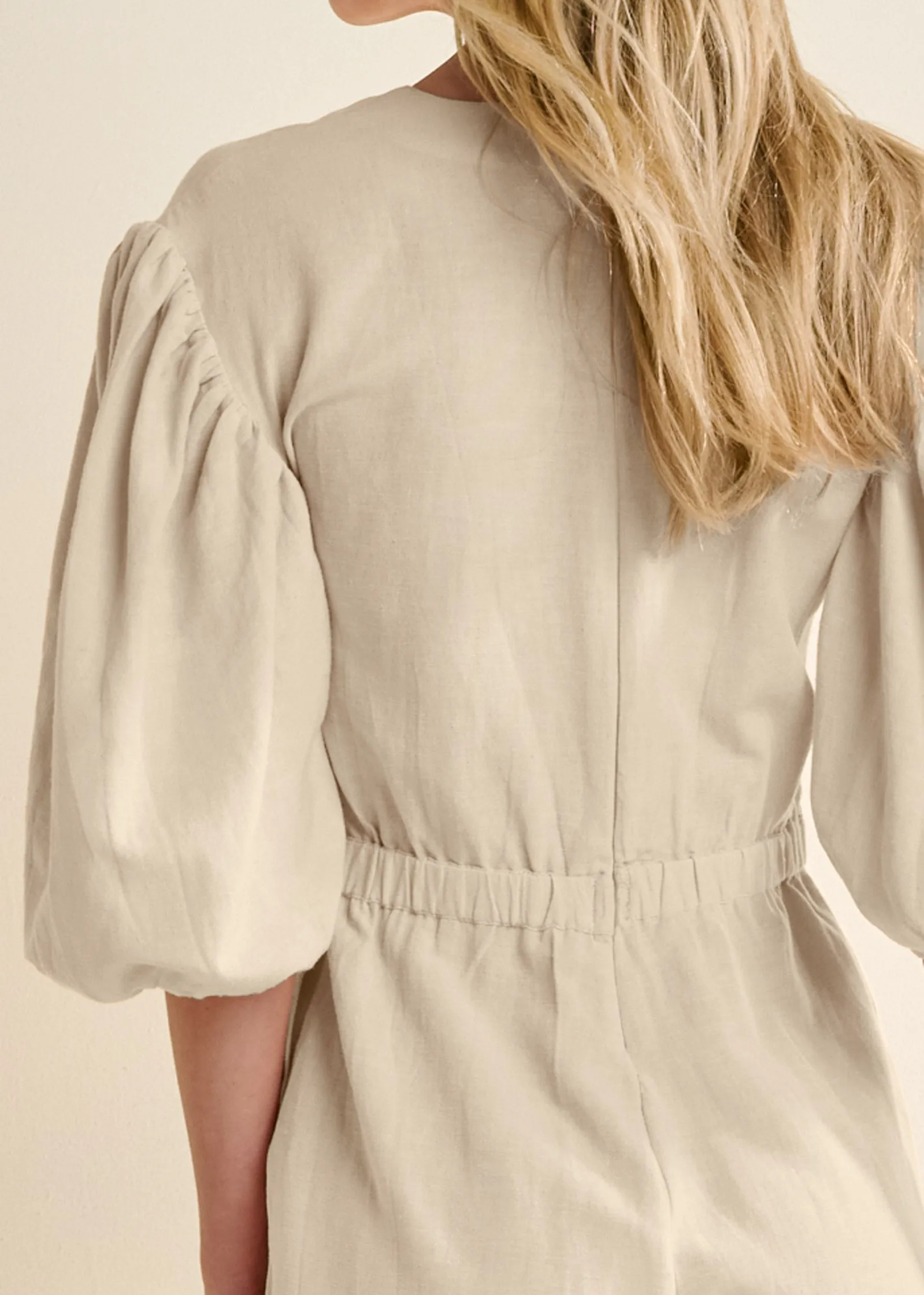 Linen Balloon Sleeve Romper - Natural