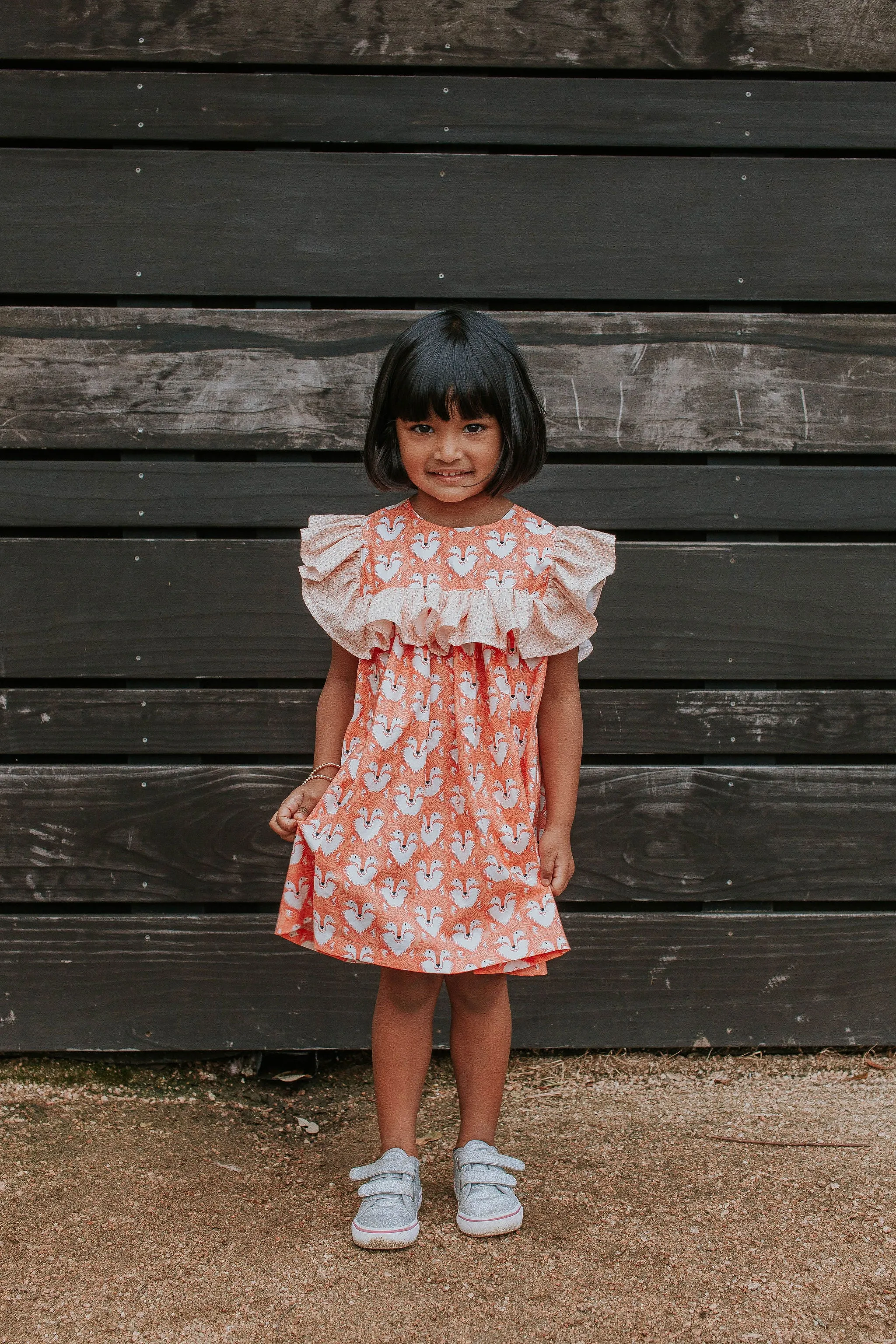 Little Girl's Woodland Fox Print Cotton Ruffle Collar Shift Dress