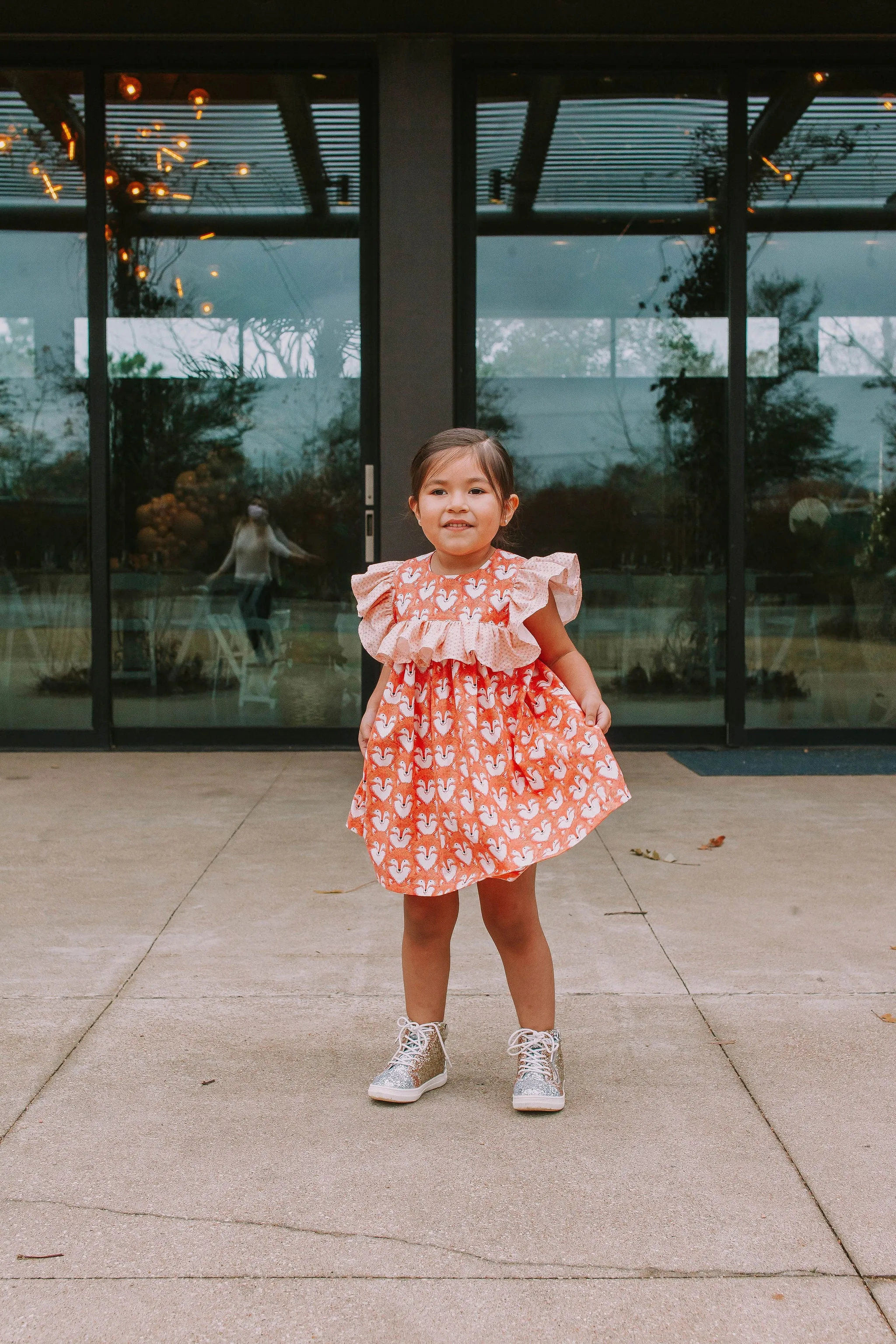 Little Girl's Woodland Fox Print Cotton Ruffle Collar Shift Dress