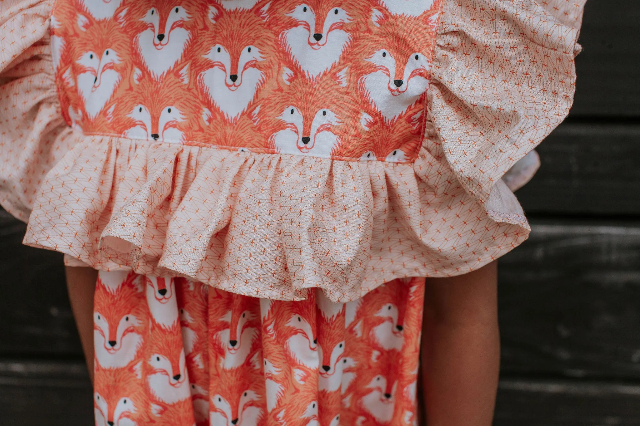 Little Girl's Woodland Fox Print Cotton Ruffle Collar Shift Dress