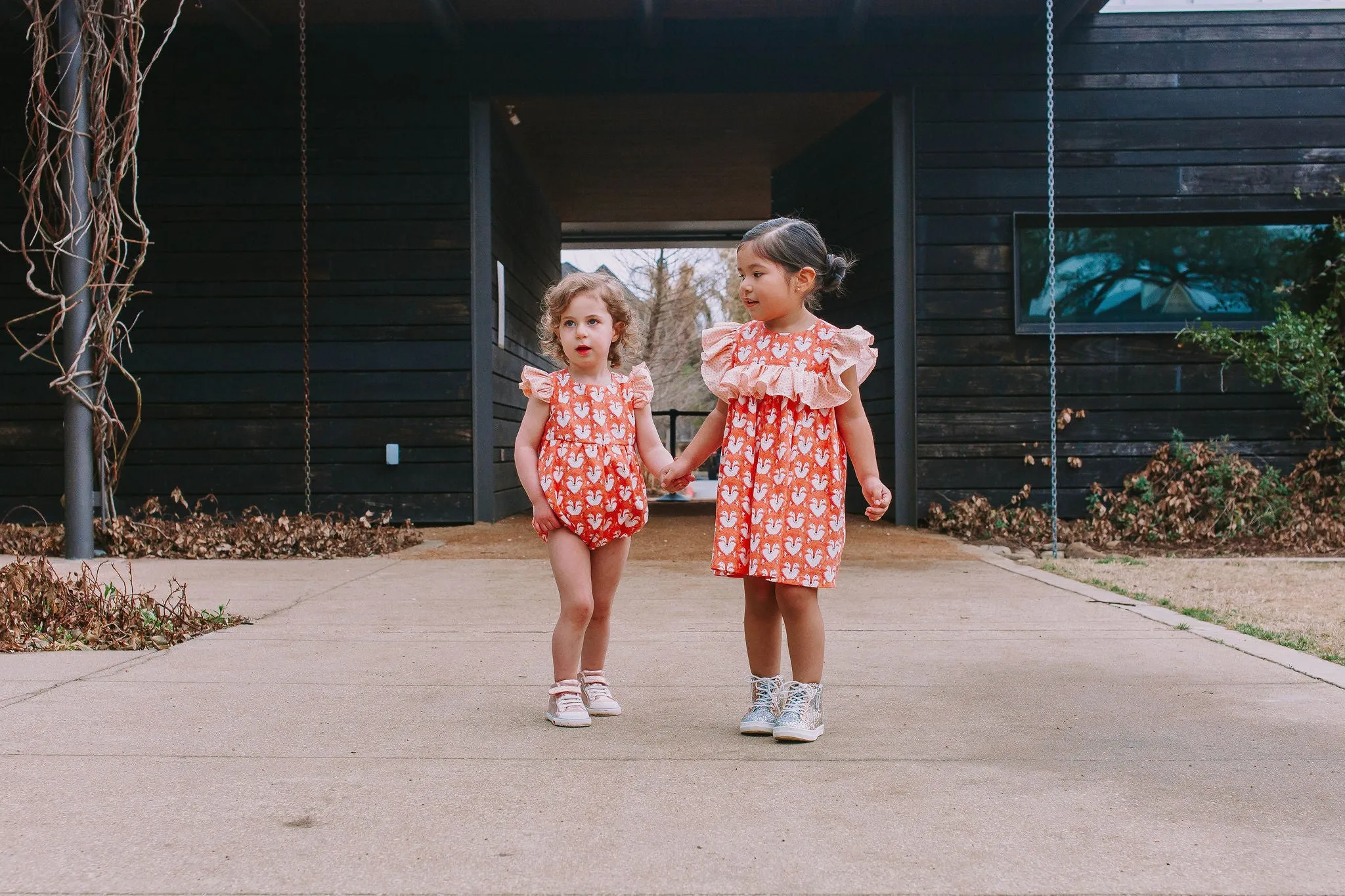 Little Girl's Woodland Fox Print Cotton Ruffle Collar Shift Dress