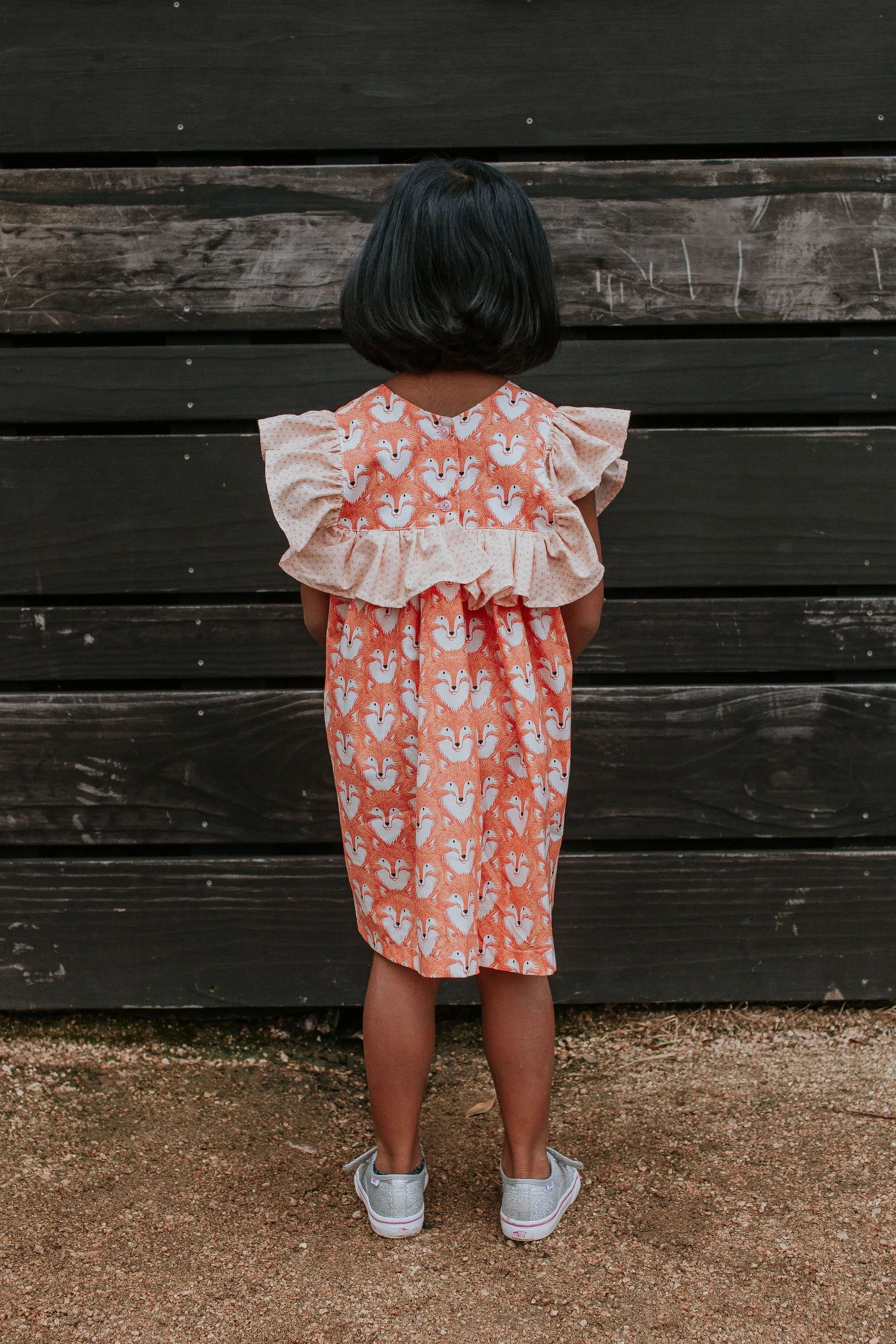 Little Girl's Woodland Fox Print Cotton Ruffle Collar Shift Dress