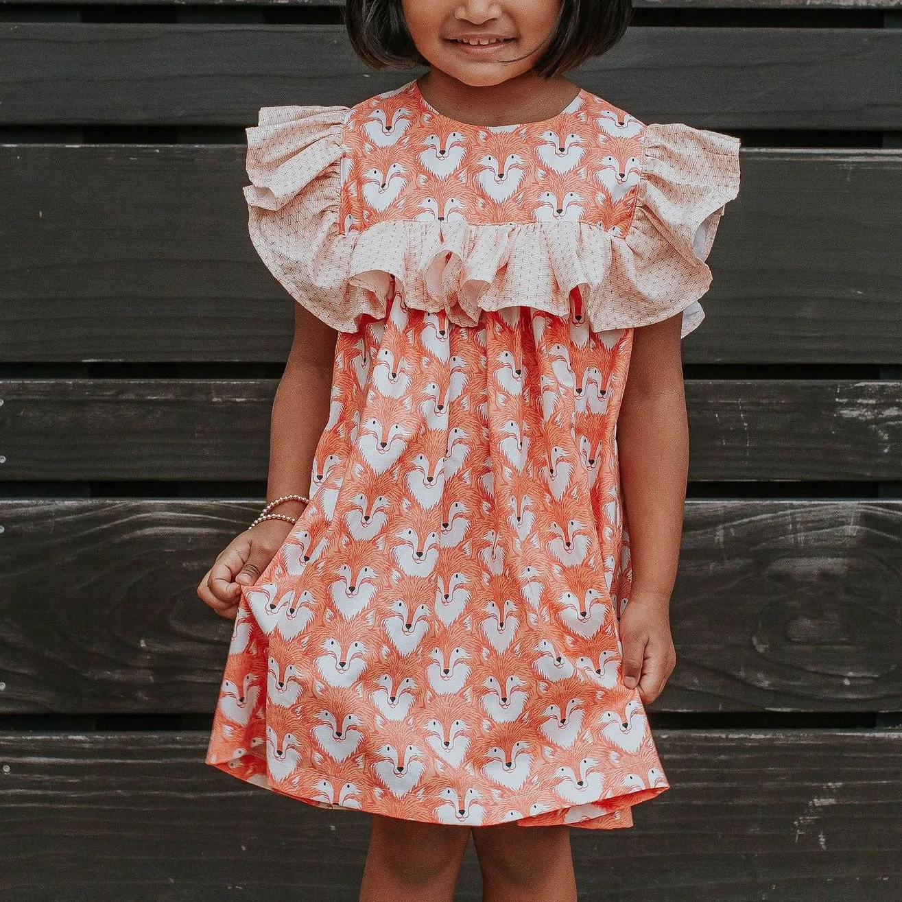 Little Girl's Woodland Fox Print Cotton Ruffle Collar Shift Dress