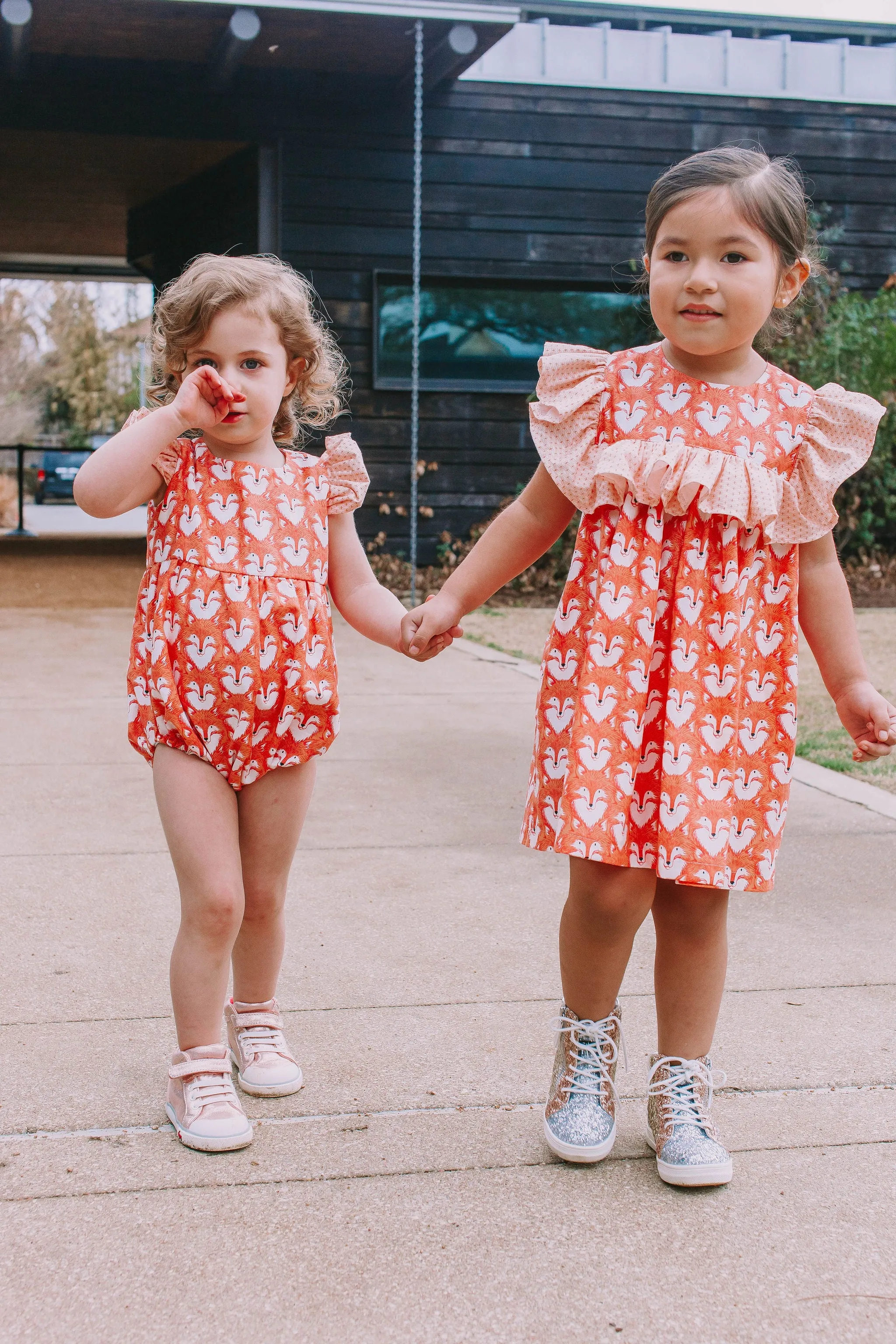 Little Girl's Woodland Fox Print Cotton Ruffle Collar Shift Dress