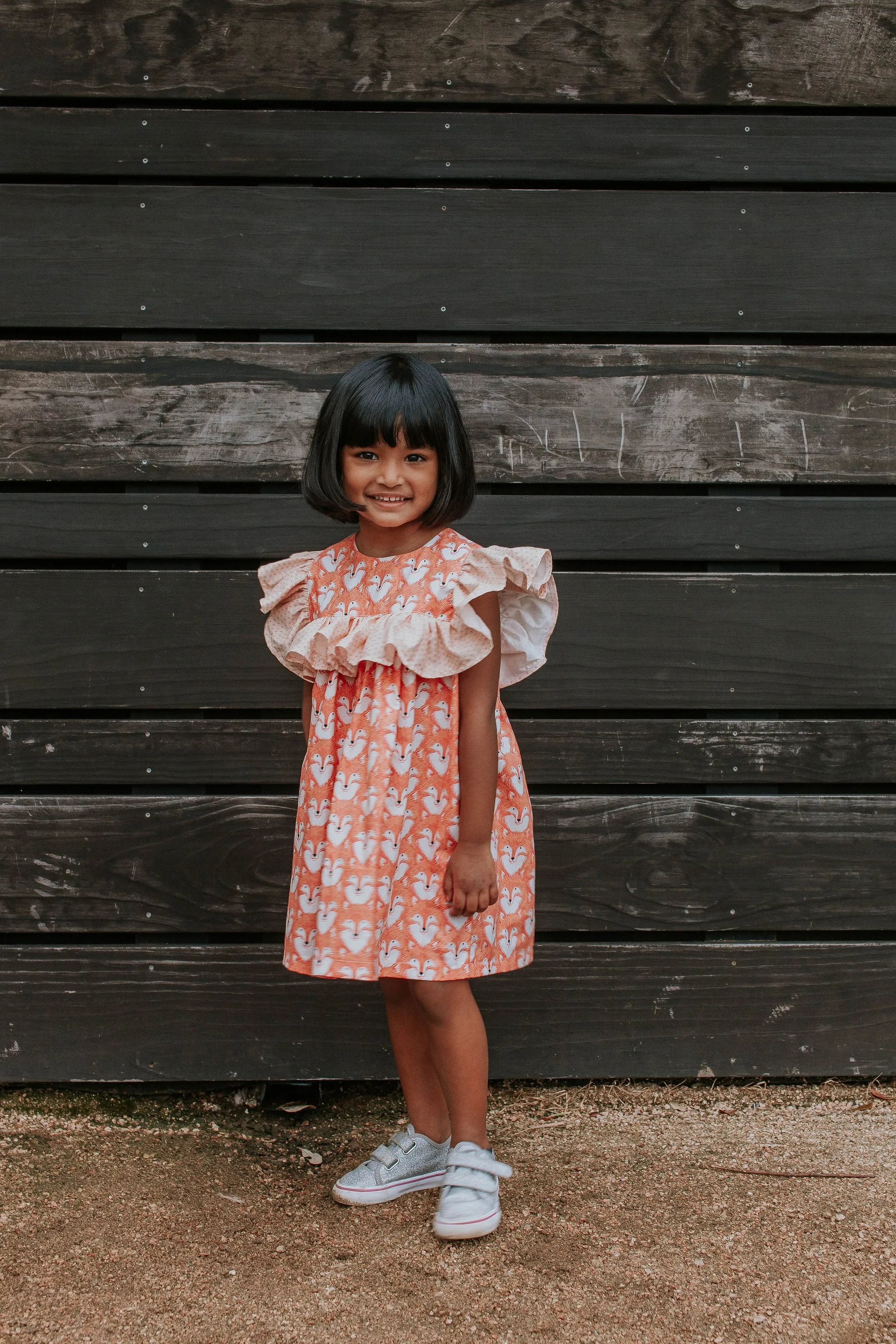 Little Girl's Woodland Fox Print Cotton Ruffle Collar Shift Dress