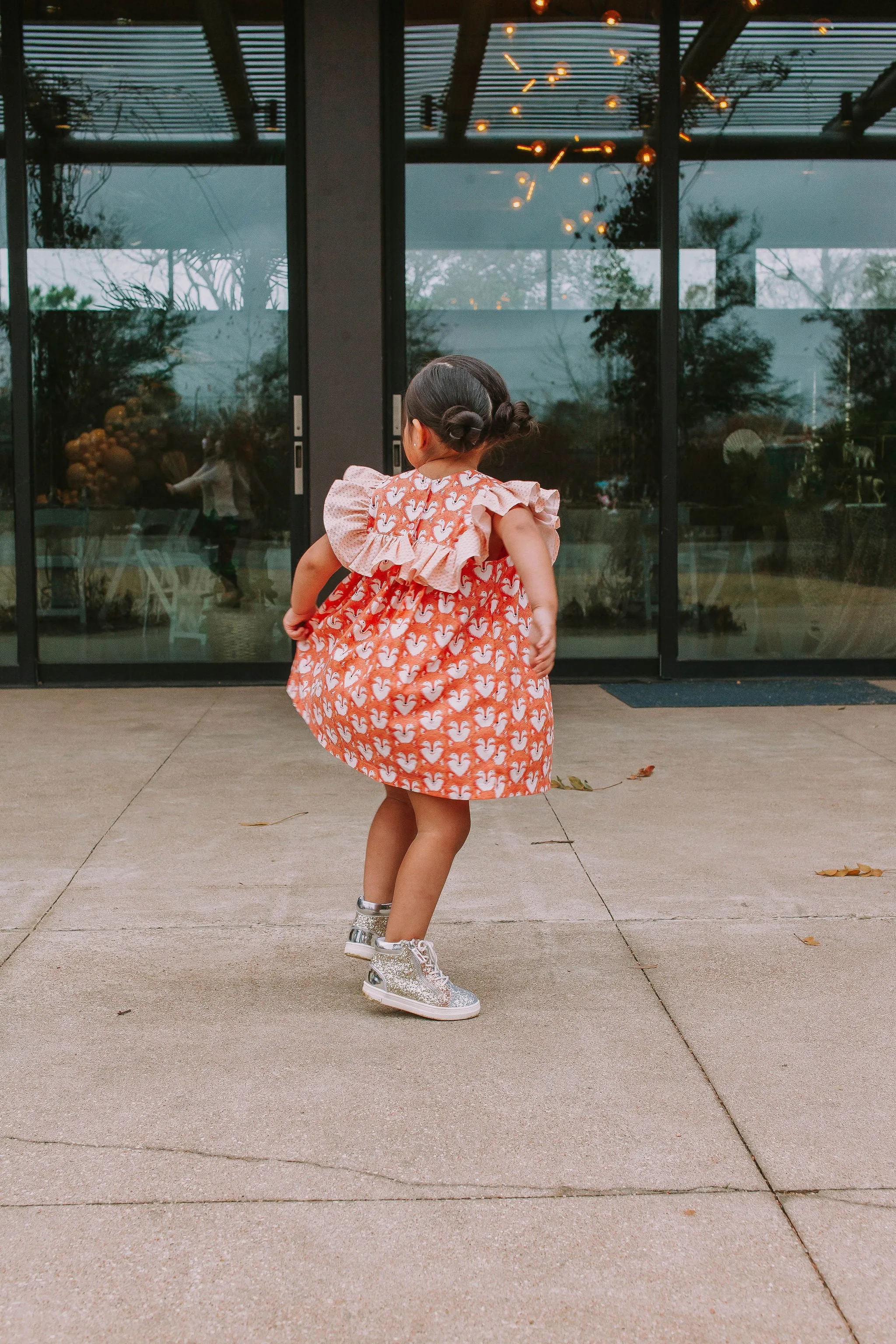 Little Girl's Woodland Fox Print Cotton Ruffle Collar Shift Dress