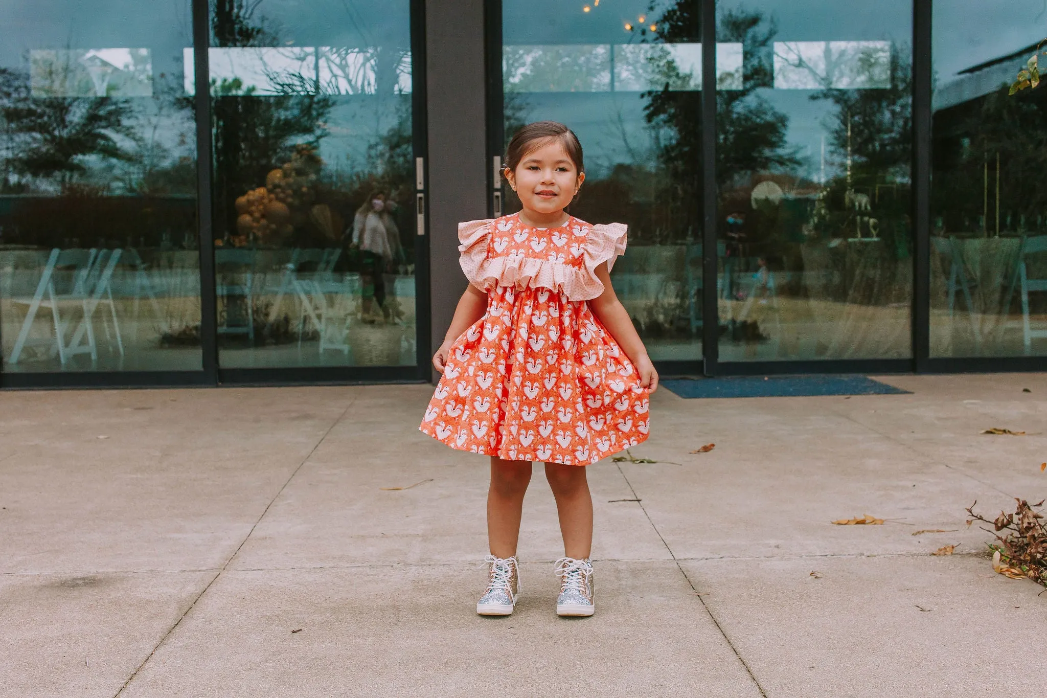 Little Girl's Woodland Fox Print Cotton Ruffle Collar Shift Dress