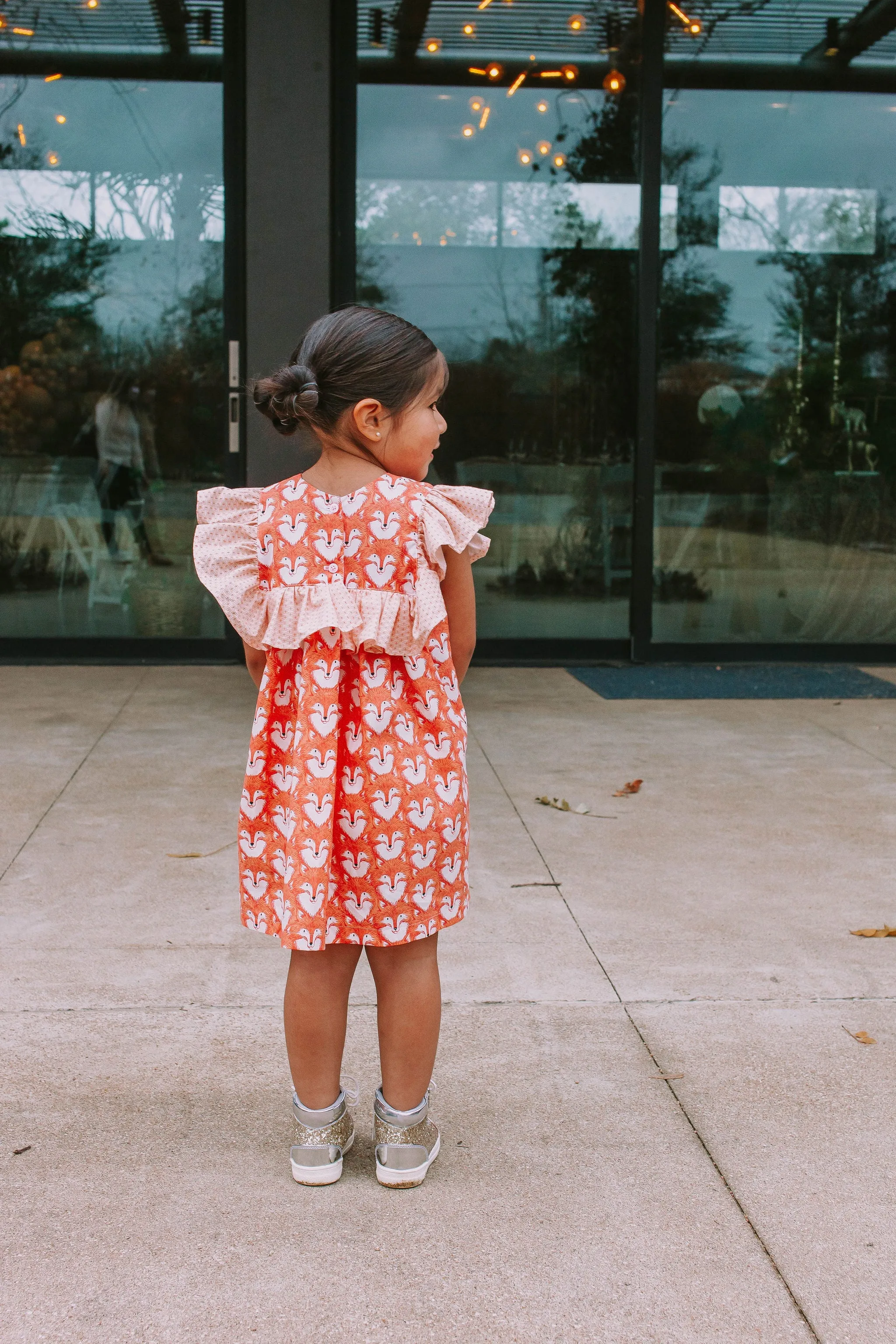 Little Girl's Woodland Fox Print Cotton Ruffle Collar Shift Dress