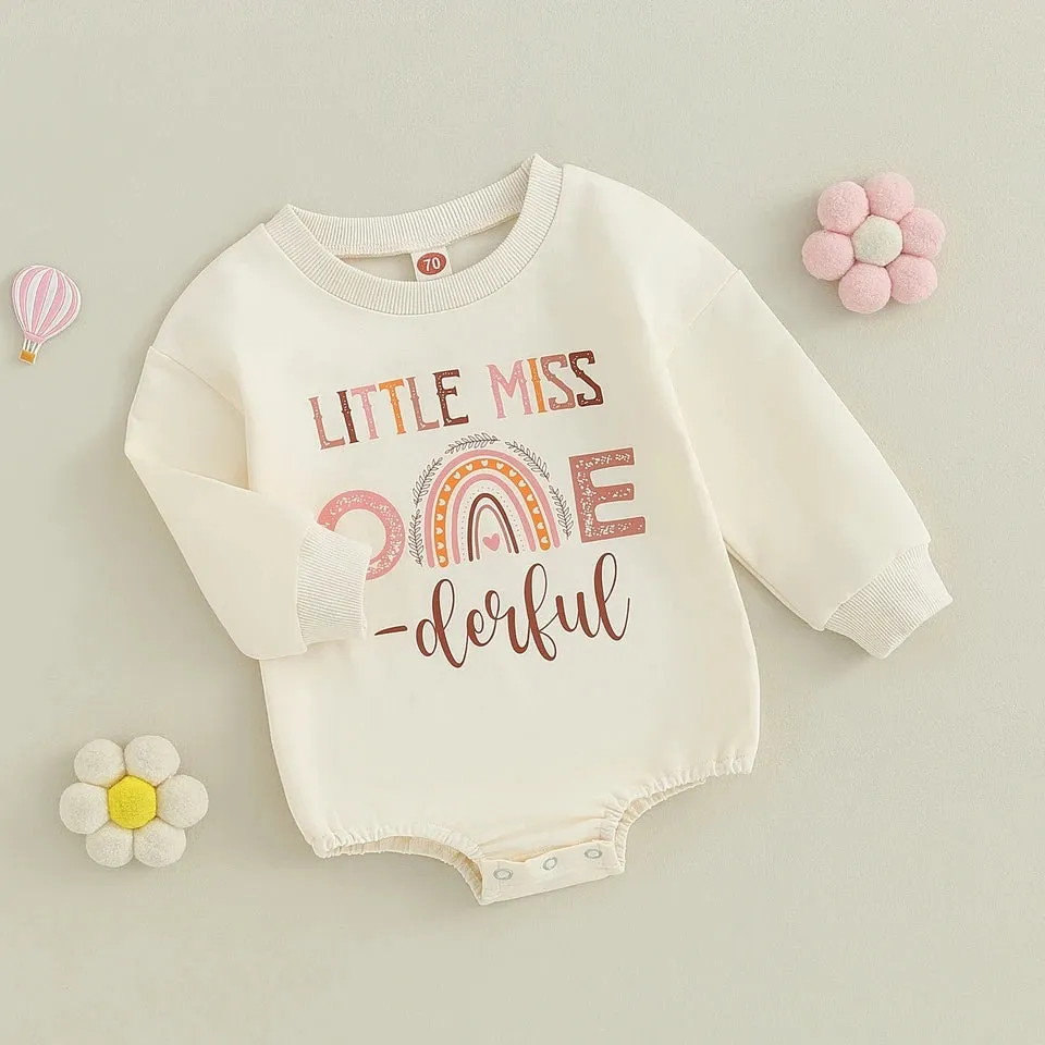 Little Miss One Derful Crewnek Birthday Romper, Cream #100055