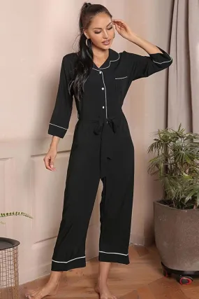 Loungewear Jumpsuit Women's Pajamas Contrast Belted Lapel Collar Pants Romper