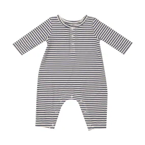 L/S Henley Romper - Footballs   Navy & Oat Stripe