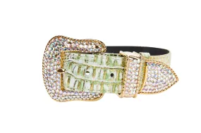 Luxury Pet Fashion Green/Gold Embossed Croc Italian Leather/Swarovski Crystal Collar