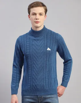 Men Blue Solid T Neck Full Sleeve Pullover