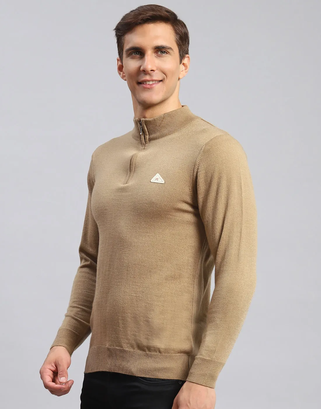 Men Brown Solid High Neck Full Sleeve Pullover