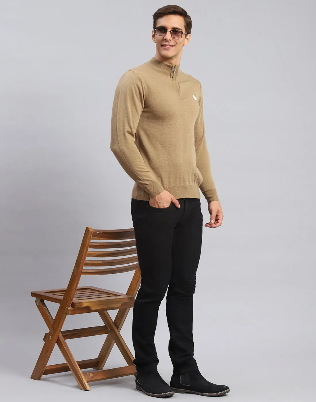 Men Brown Solid High Neck Full Sleeve Pullover