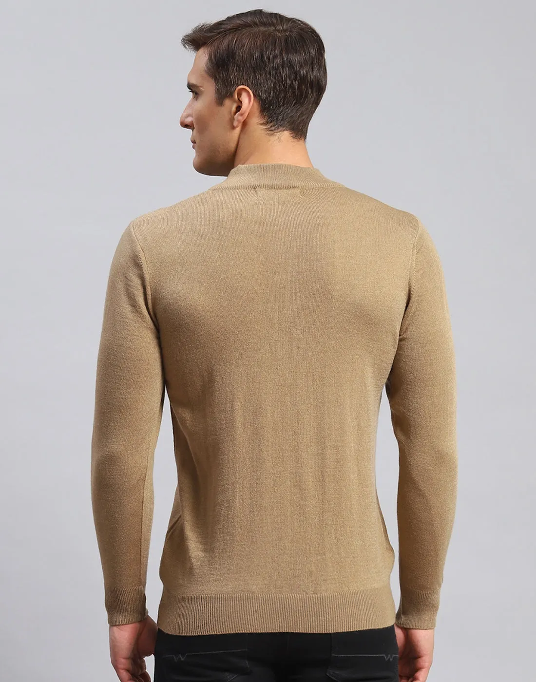 Men Brown Solid High Neck Full Sleeve Pullover