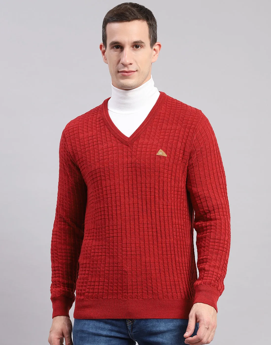 Men Red Self Design V Neck Full Sleeve Sweaters/Pullovers