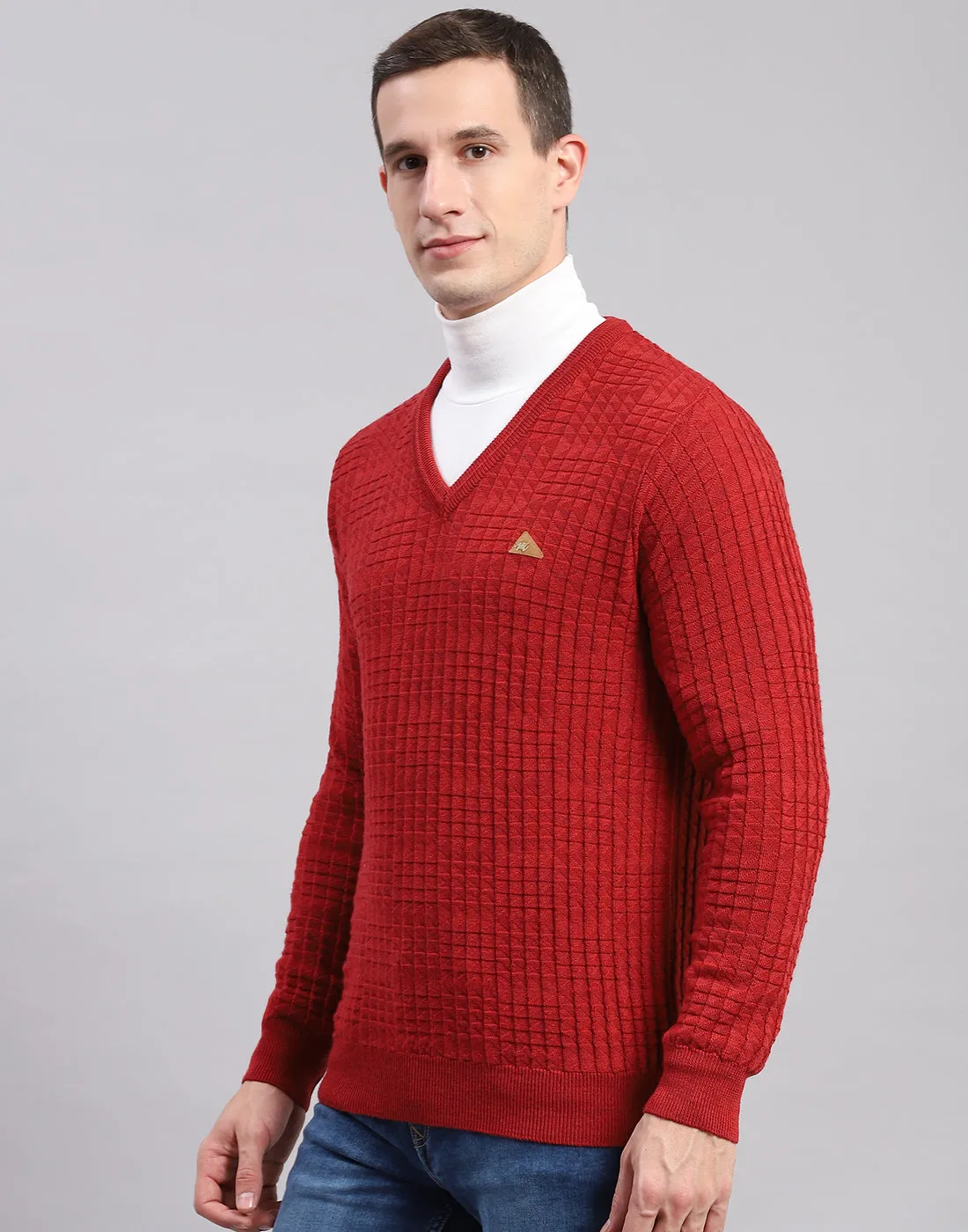 Men Red Self Design V Neck Full Sleeve Sweaters/Pullovers