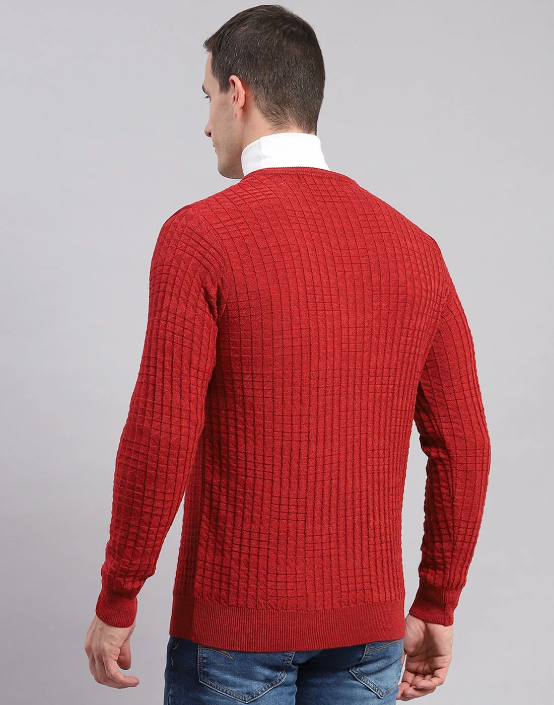 Men Red Self Design V Neck Full Sleeve Sweaters/Pullovers