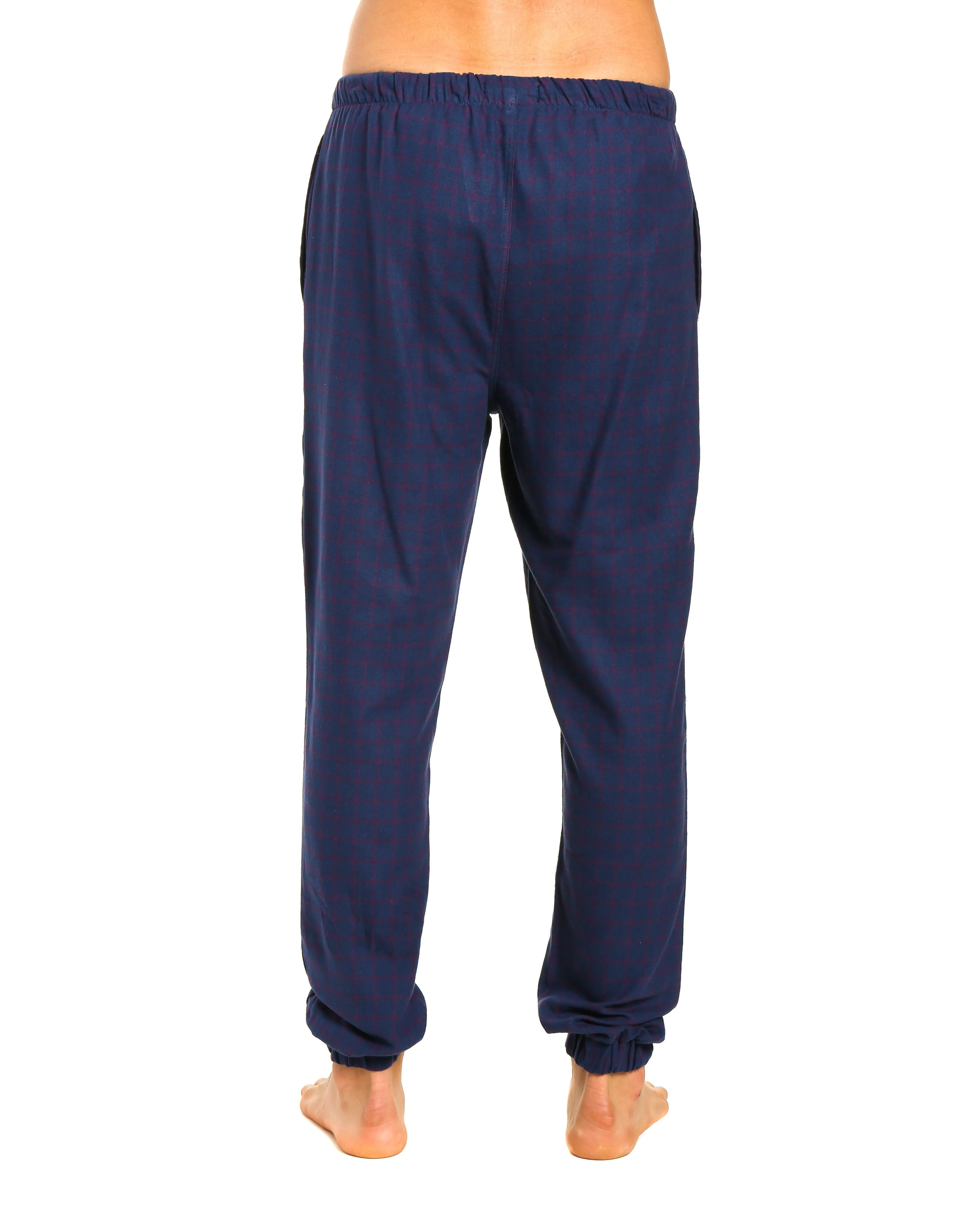 Mens 100% Cotton Flannel Jogger Lounge Pants - Checks - Dark Blue