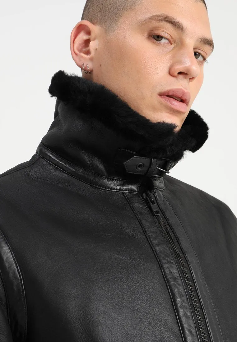 Men's Aviator Black Leather Black Shearling Jacket