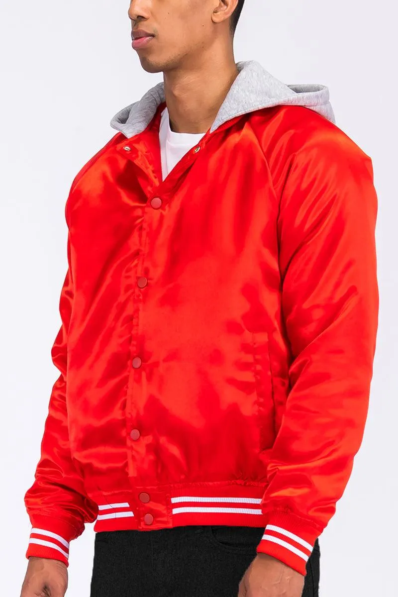 Mens Red And Gray Satin Hooded Varsity Jacket