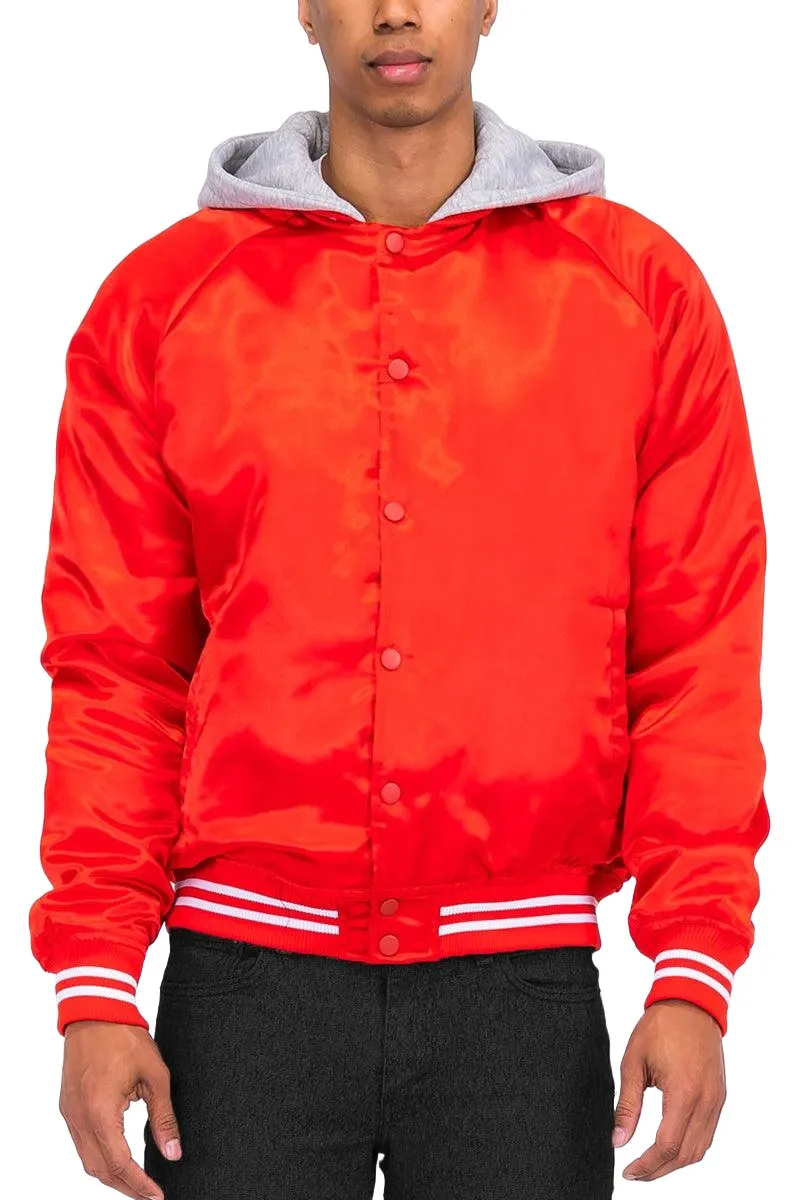 Mens Red And Gray Satin Hooded Varsity Jacket