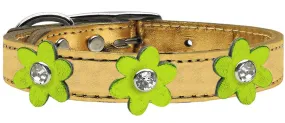 Metallic Flower Leather Collar Gold With Metallic Lime Green Flowers Size 26