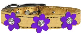 Metallic Flower Leather Collar Gold With Metallic Purple Flowers Size 26