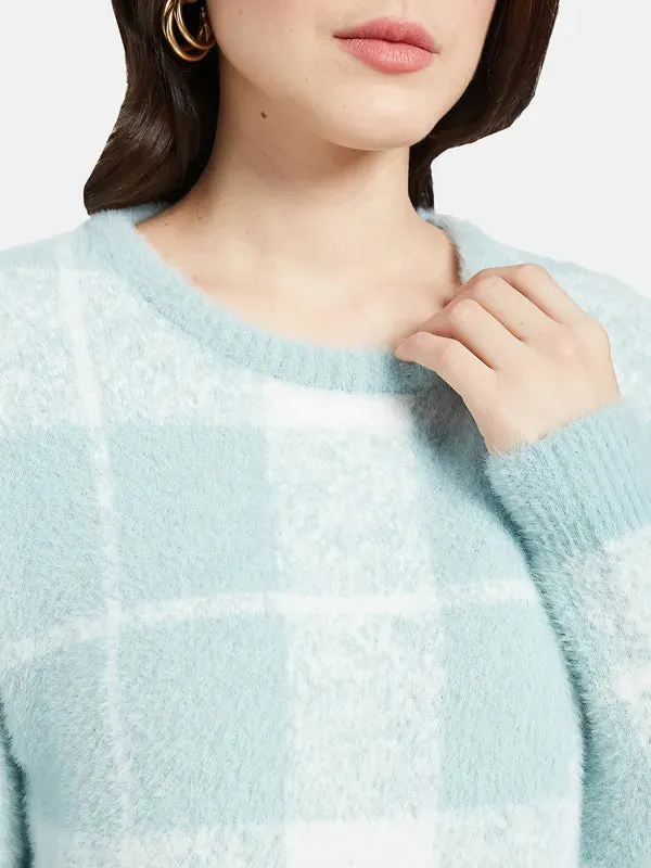 Mettle Women Blue  White Checked Pullover