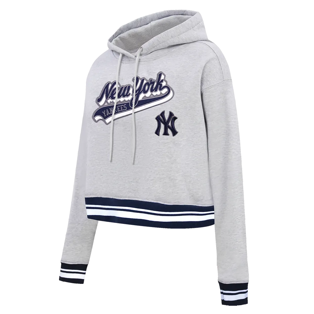 MLB NEW YORK YANKEES SCRIPT TAIL WOMEN'S RIB FLC CROPPED PO HOODIE (HEATHER GREY/MIDNIGHT NAVY)