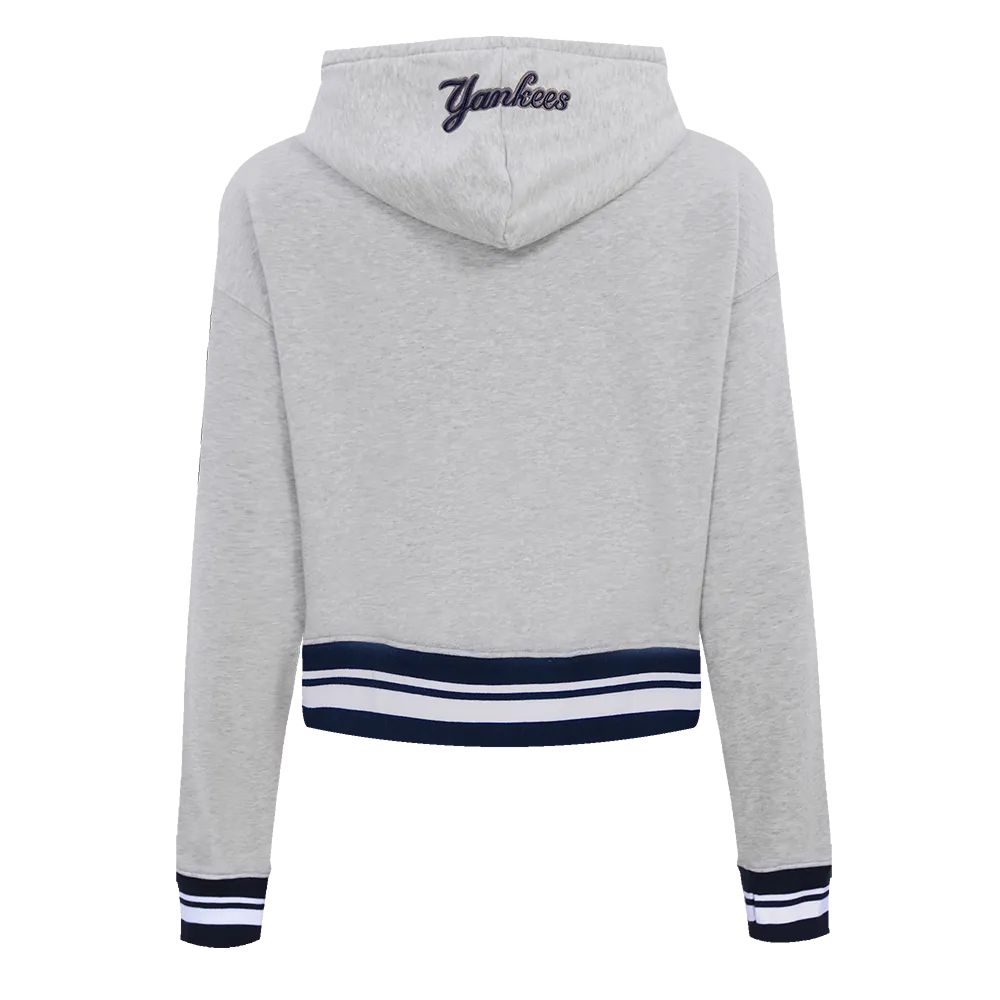 MLB NEW YORK YANKEES SCRIPT TAIL WOMEN'S RIB FLC CROPPED PO HOODIE (HEATHER GREY/MIDNIGHT NAVY)