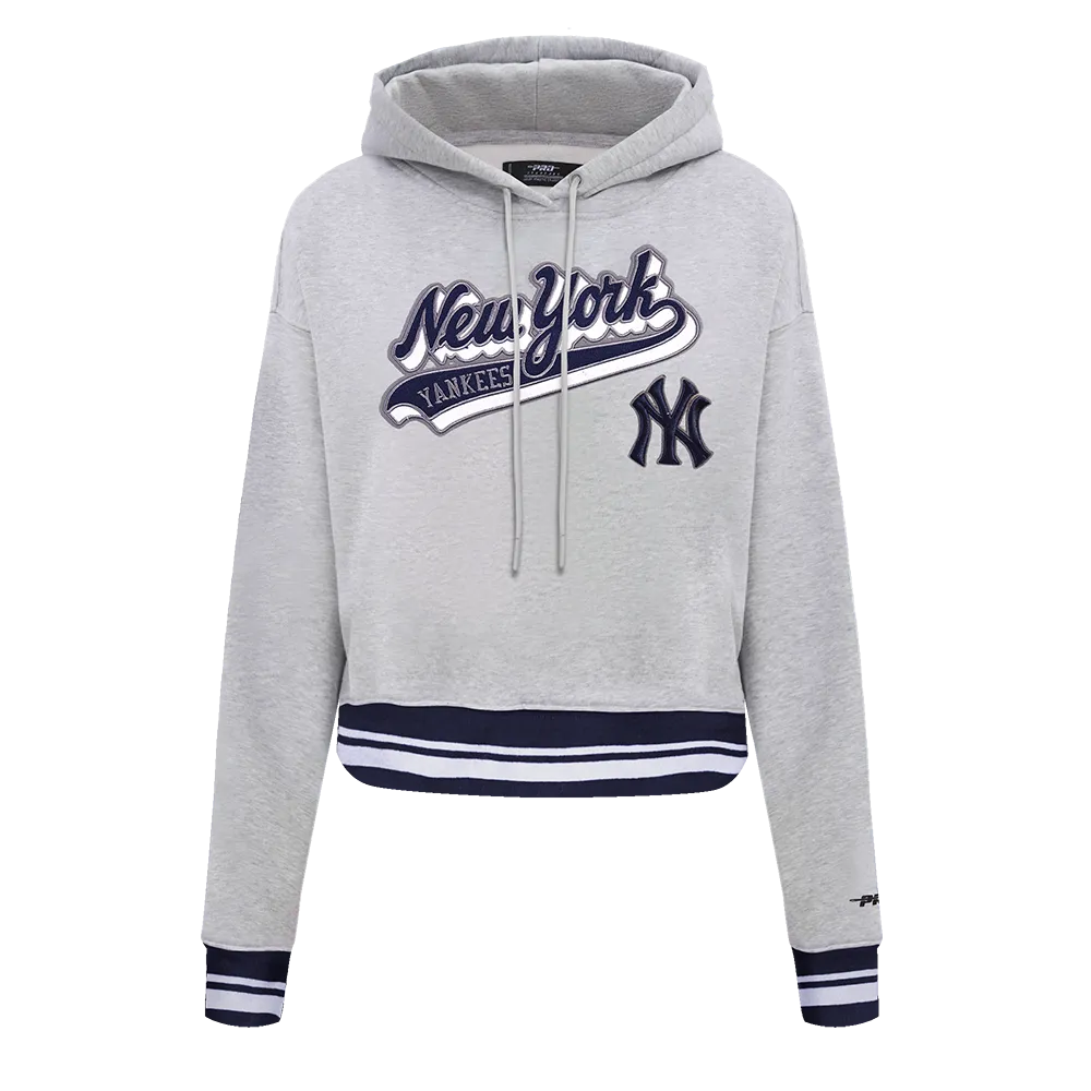 MLB NEW YORK YANKEES SCRIPT TAIL WOMEN'S RIB FLC CROPPED PO HOODIE (HEATHER GREY/MIDNIGHT NAVY)