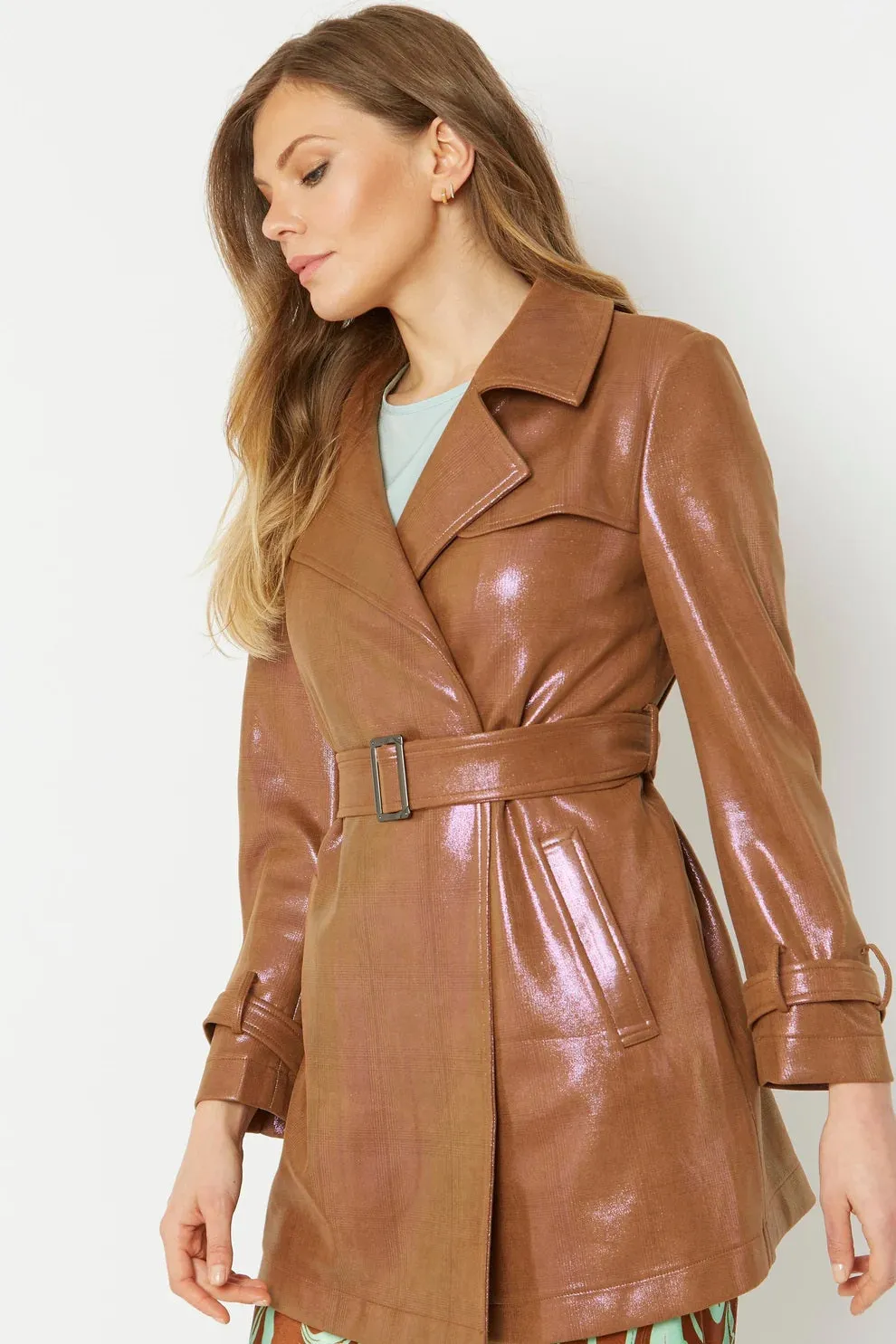 Mocha Metallic Faux Suede Trench Coat